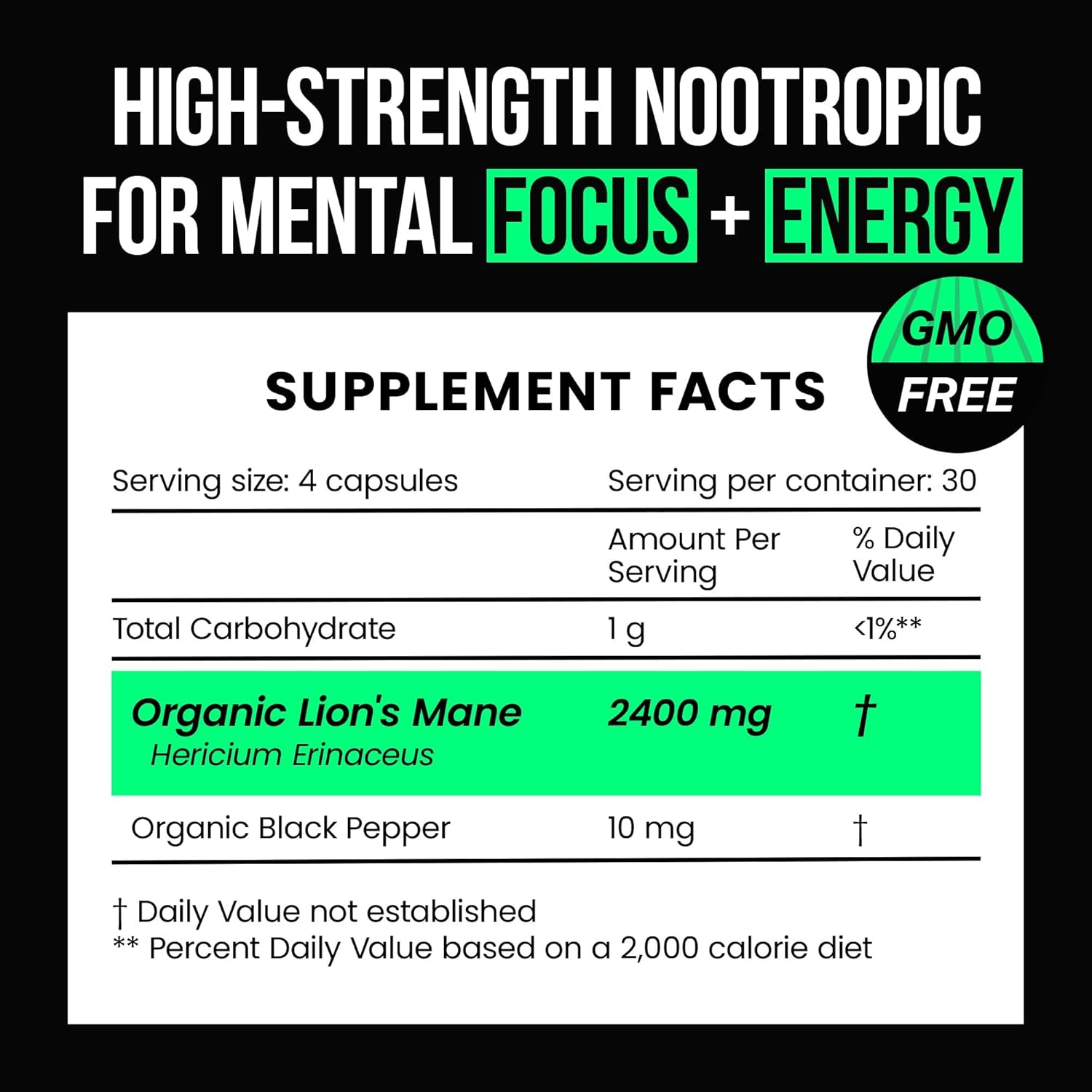 Organic Lions Mane Supplement Capsules 2400 mg - Powerful Nootropic - Helps Maintain Memory, Energy, and Mental Clarity - Vegan Brain Booster Focus Pills - Real Lion's Mane Supplement