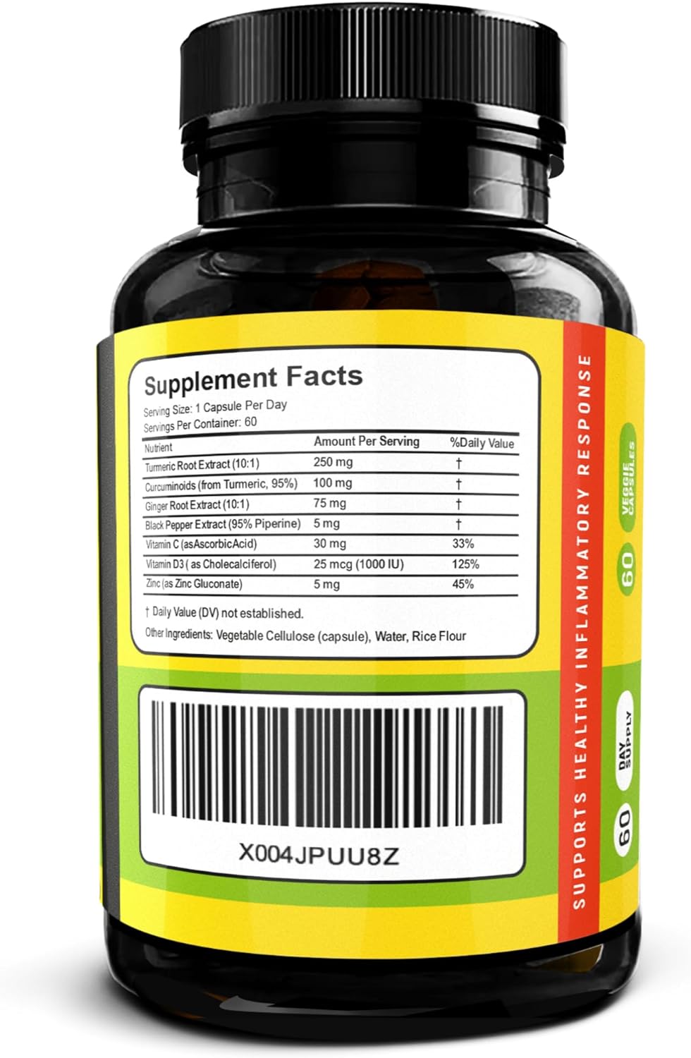 Turmeric Ginger Piperine Capsules – Curcumin 95% with Black Pepper, Vitamin C, D3 & Zinc – Gut, Joint & Immune Support – Vegan Supplement – 60 Capsules