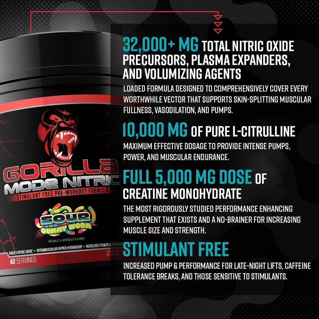 Gorilla Mode Nitric Upgraded Stimulant Free Pre-Workout – Best Tasting & Most Effective Stimulant Free Pre-Workout/Massive Pump · Vasodilation · Power / 780 Grams (BlackBerry Lemonade)