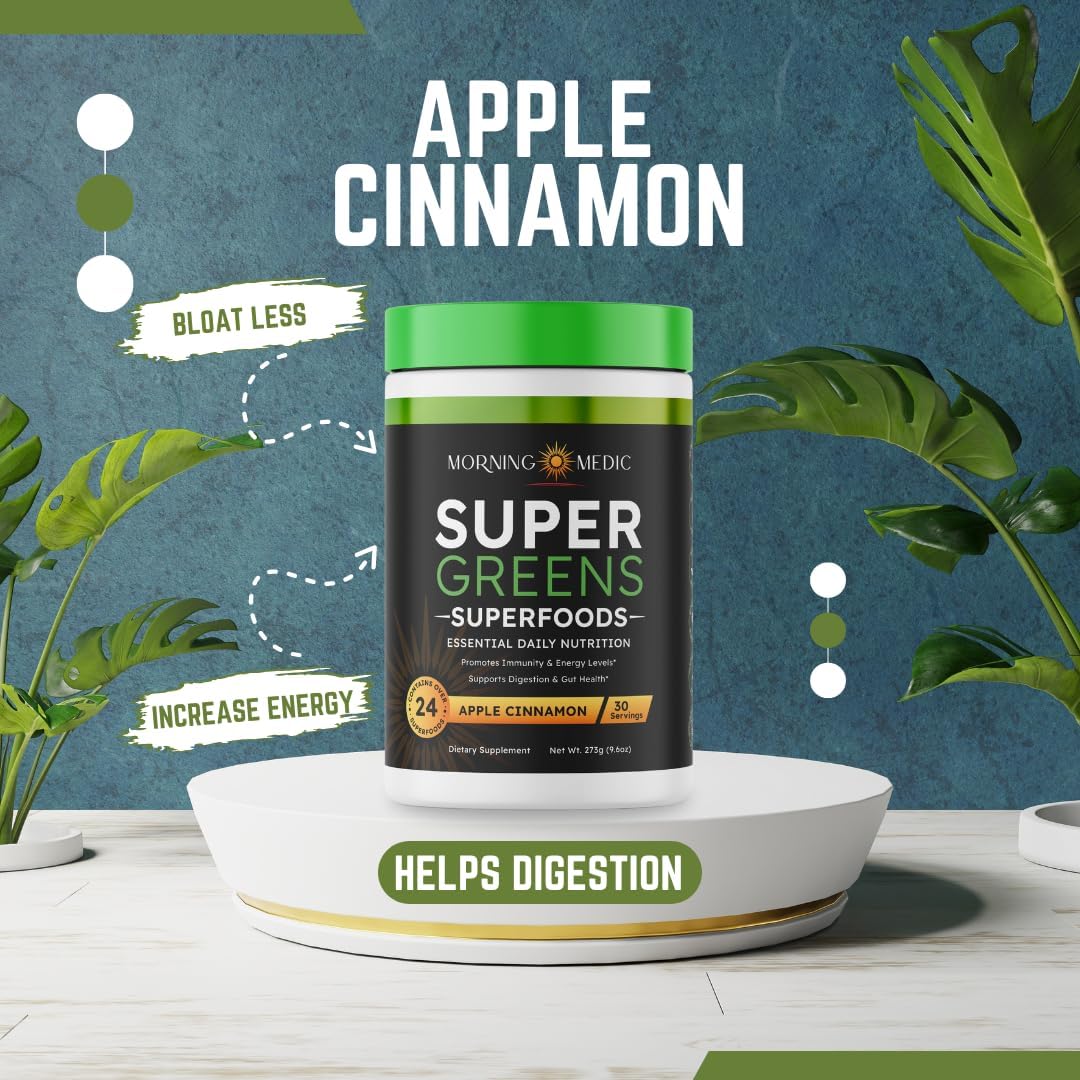 Super Greens Powder with 24+ Superfoods, Premium Nutrient-Dense Blend, Promotes Immunity & Energry Levels, Supports Disgestion & Gut Health, Apple Cinnamon Flavor, 9.6 oz