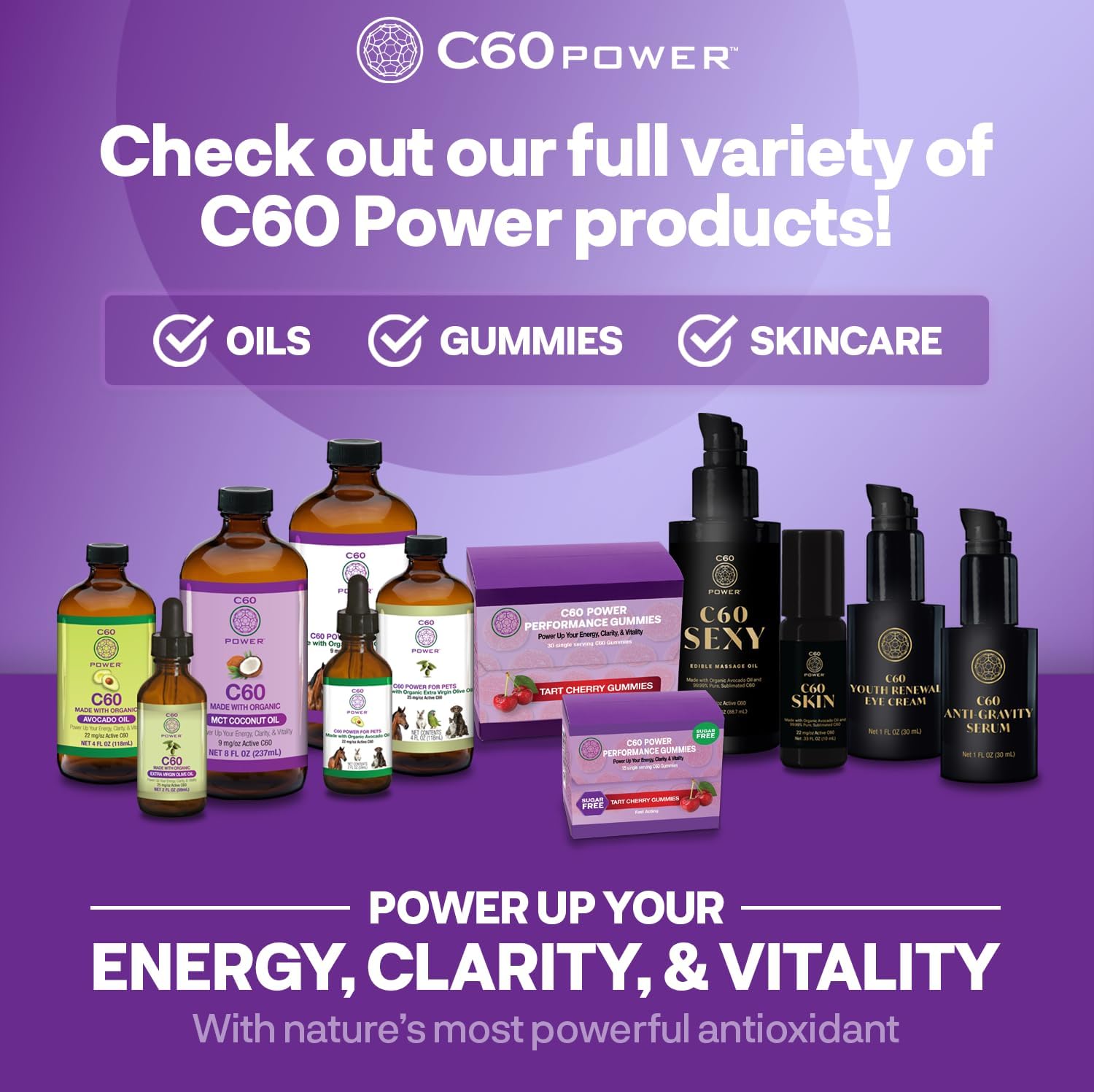 C60 Power C60 Gummies - Natural Wellness Support for Men & Women, 99.99% Pure Sublimated Carbon Fullerenes, Promotes Energy, Mental Clarity, & Stamina - 30 Count