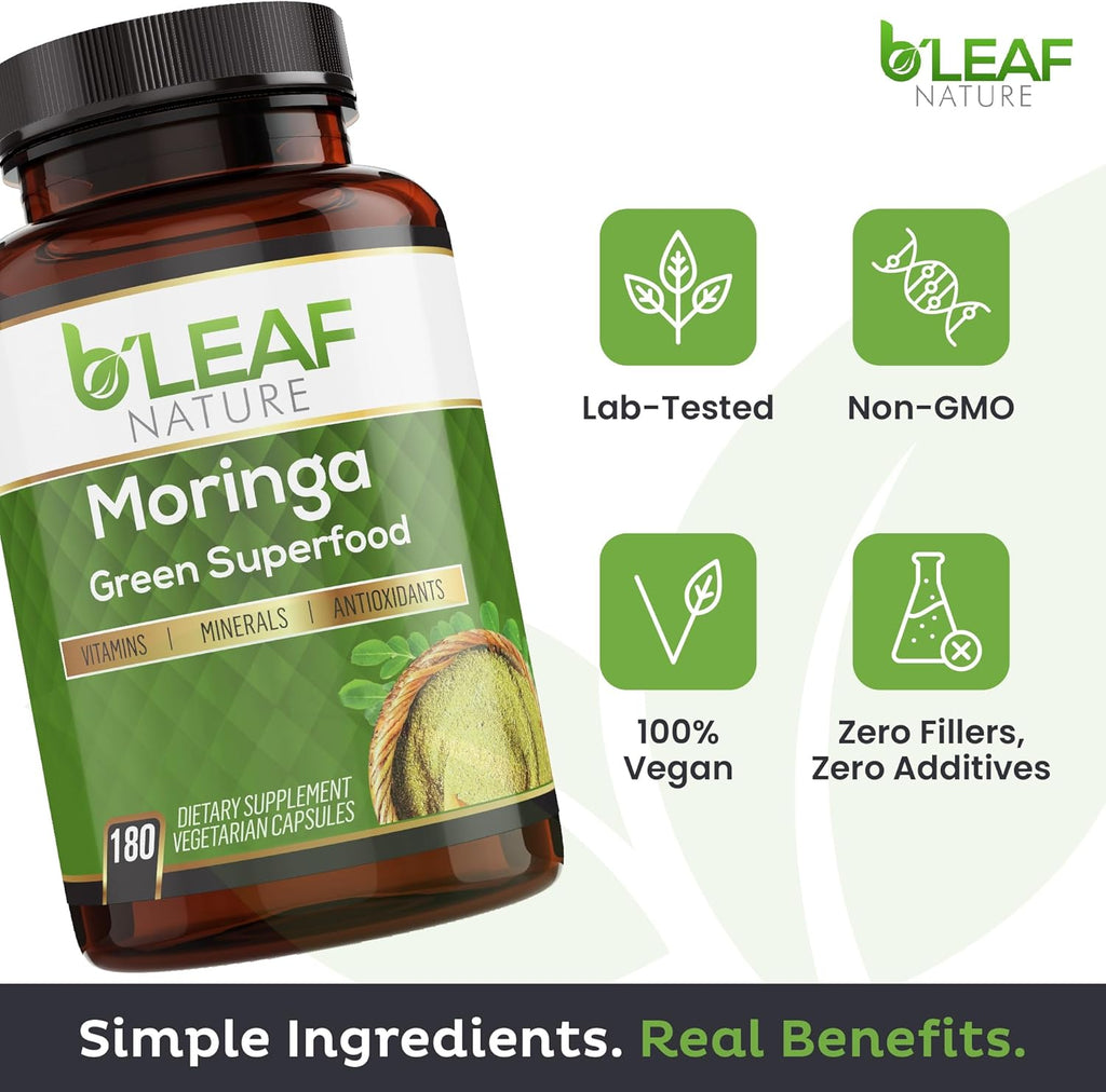 B'LEAF NATURE Organic Moringa Pure Capsules 1000mg, 180 Count – Moringa Capsules with Organic Olefeira Powder for Immune Support, Energy & Balance – Vegan, Non-GMO Supplements for Daily Wellness
