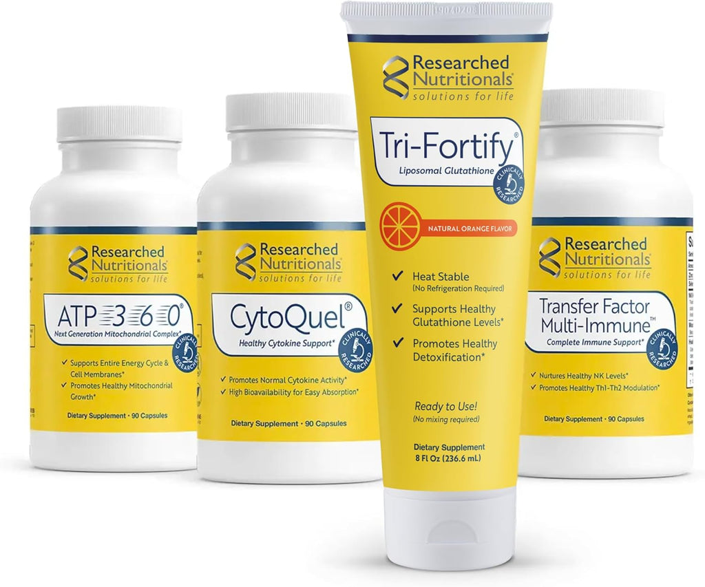 Researched Nutritionals Foundation Kit - Tri-Fortify Liposomal Glutathione (450mg) Orange, Transfer-Factor Multi Immune, ATP 360 & CytoQuel to Support Energy, Immunity, Cytokine Response & Detox