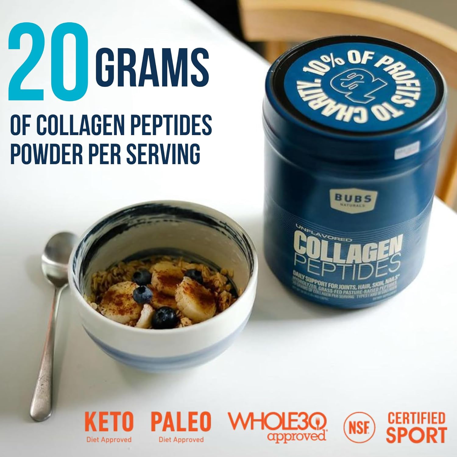 BUBS Naturals Collagen Peptides Powder, Collagen for Women & Men, Hydrolyzed Peptides, Unflavored Pasture Raised Grass Fed, Paleo Keto Friendly, Supports Hair Skin & Joint Health (20 oz) 28 Servings