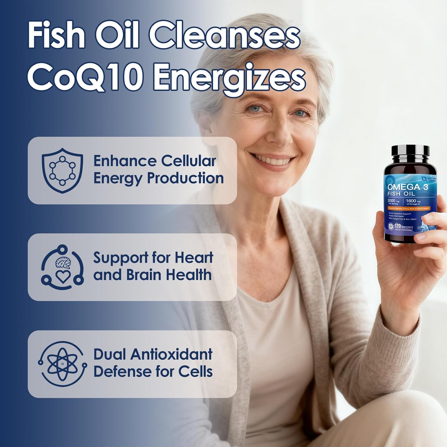 NATURE TARGET Omega 3 Fish Oil 1600mg, High-Purity Omega 3 EPA DHA with PS & CoQ10, Fish Oil Supplements for Heart Health, Brain Function & Memory, Advanced Absorption, Non-GMO, 120 Softgels.