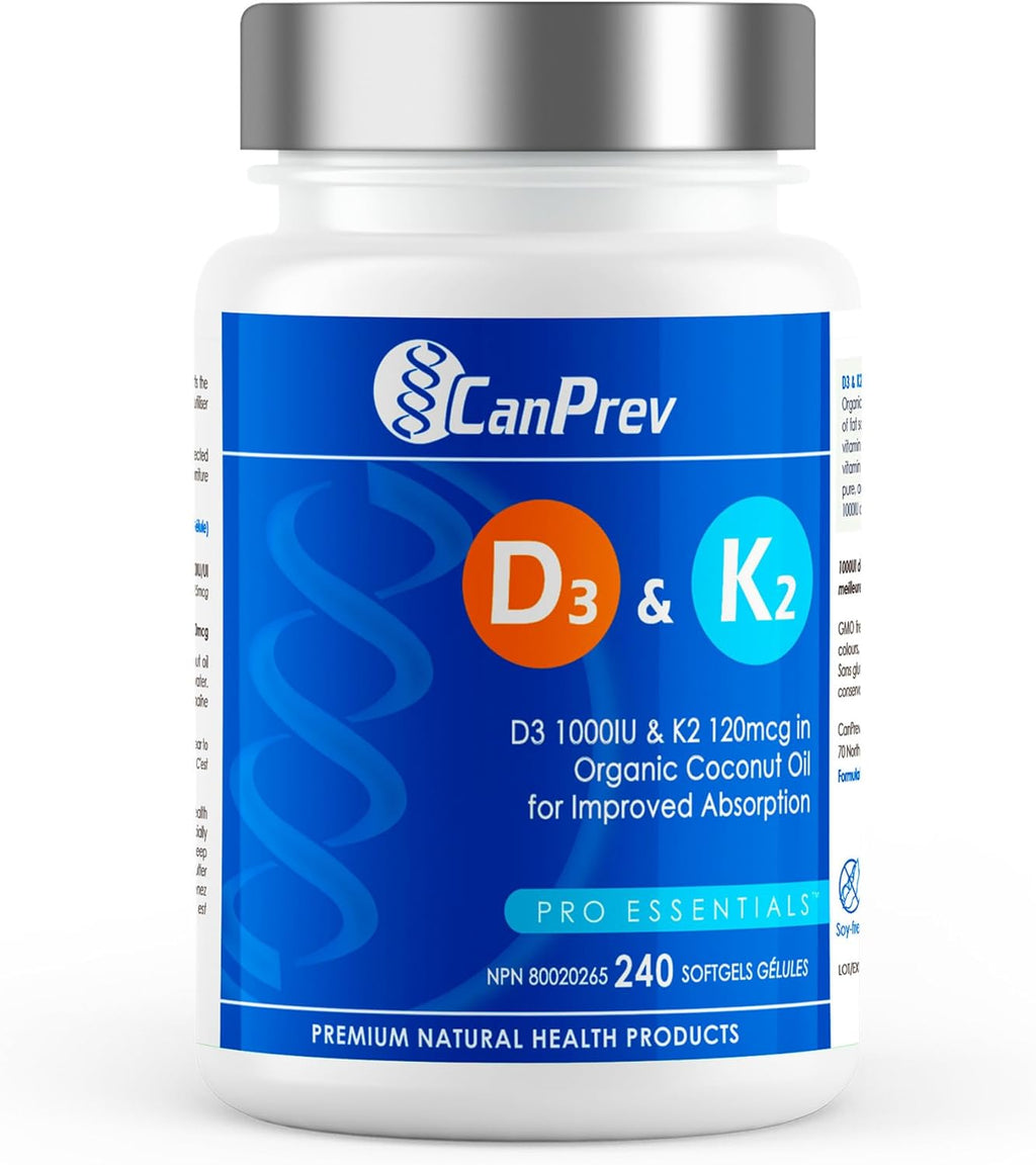 CanPrev D3 & K2 Vitamins 240 Softgels, 240-Day Supply, 1000IU Vitamin D3 & 120mcg K2, Supports Strong Bones, Teeth & Heart Wellness, Easy-to-Absorb with Organic Coconut Oil, No GMO, Gluten, Soy, Dairy