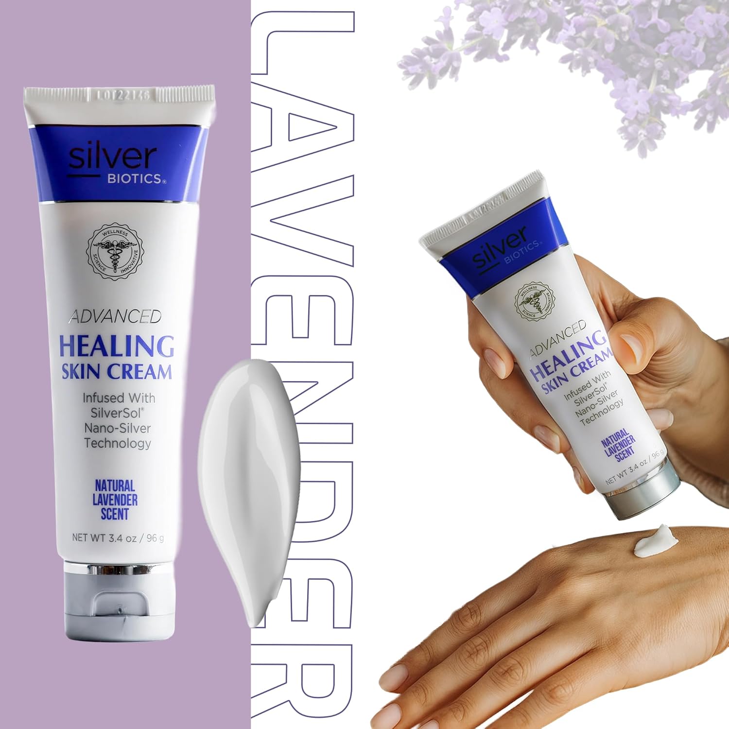 Silver Biotics Nano Silver Healing Lotion Cream Lavender Scent Infused SilverSol and Hyaluronic Acid | All Natural Ingredients to Heal, Smooth Your Skin Blemishes and Scars (3.4 oz.)