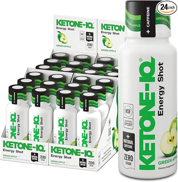 Ketone-IQ Ketone Energy Shots - 100mg Green Tea Caffeine, 5g Exogenous Ketones, and B Vitamins - 24 On The Go Caffeine Shots - Fast Acting Energy Drink (Green Apple)
