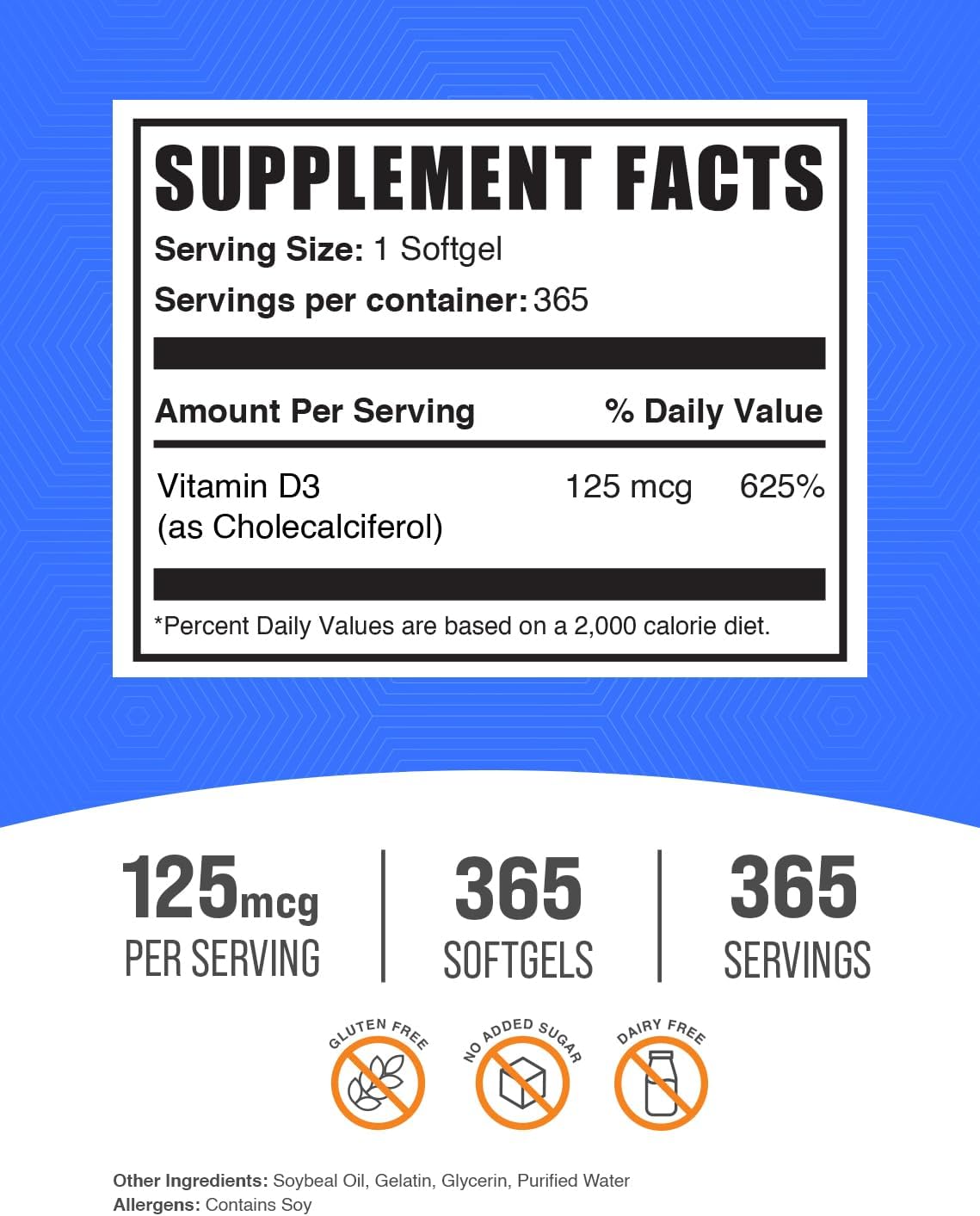 BulkSupplements.com Vitamin D3 5000IU Softgels - Cholecalciferol, D3 Supplement, Vitamin D 5000 IU - 1 Vitamin D3 Softgel (125mcg of Vitamin D) per Serving, 365 Count (Pack of 1)
