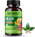 NATURELO Vegan Iron Supplement with Vitamin C and Organic Whole Foods - Gentle Iron Pills for Women & Men with Iron Deficiency Including Pregnancy, Anemia and Vegan Diets - 180 Mini Capsules