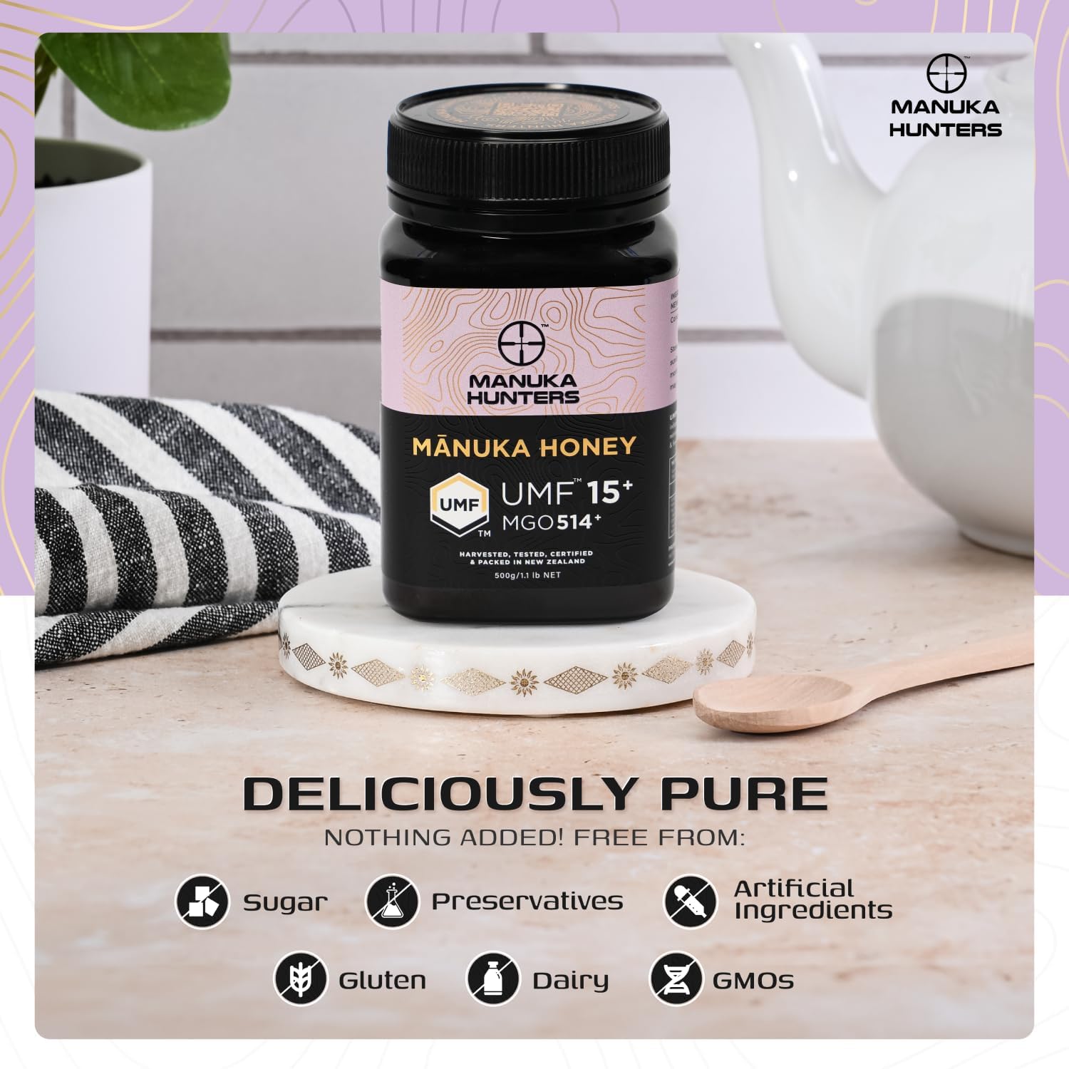 Manuka Hunters UMF 15+/MGO 514+ Certified New Zealand Manuka Honey - 100% Pure Natural Sweetener - Gluten, Dairy Free - Ideal for Tea, Coffee, Smoothies, and Baking - Sustainable - 1.1lbs/500g Jar