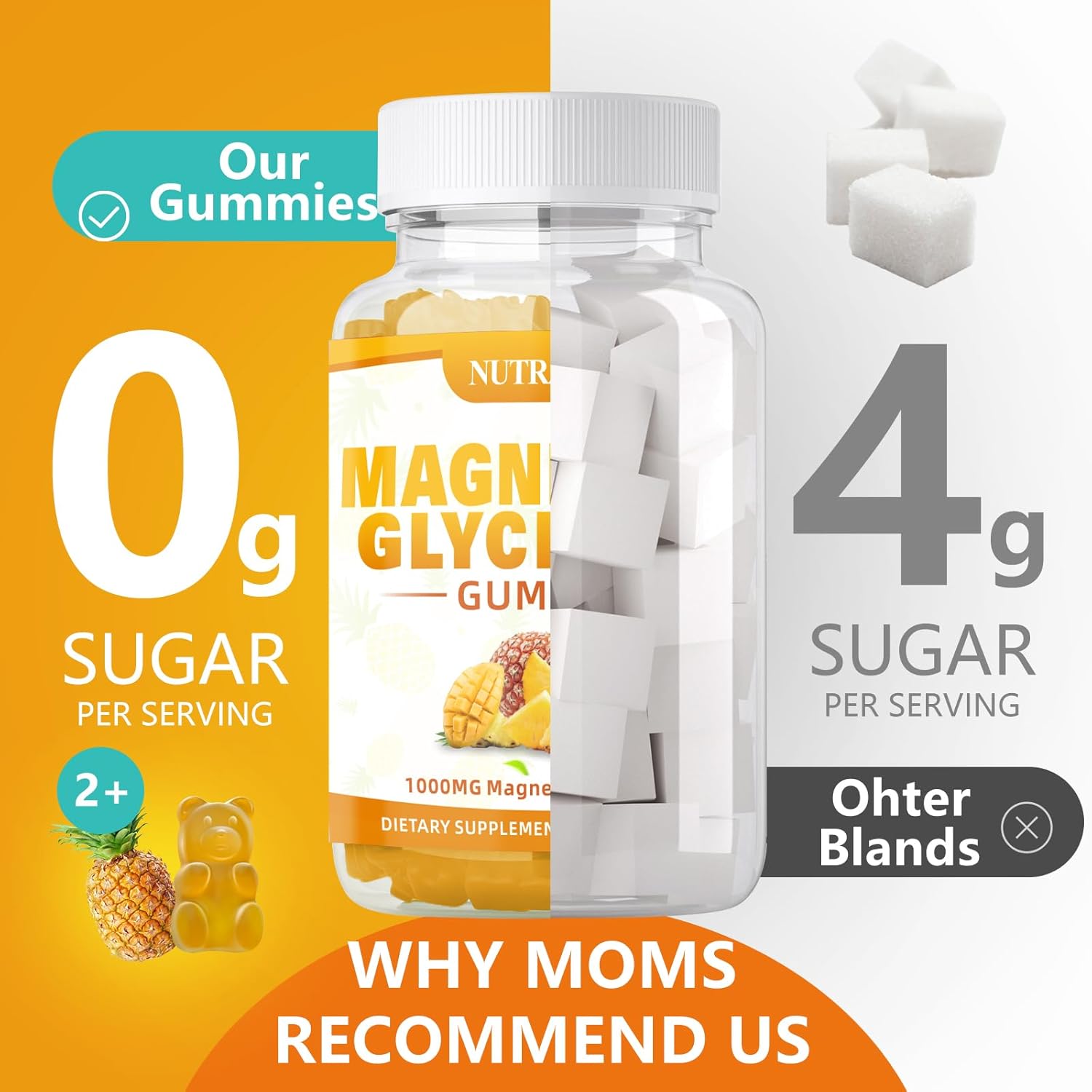 Magnesium Glycinate Gummies 1000mg with Magnesium L-Threonate,Chelated Magnesium Potassium Complex Supplement with VitD, B6, CoQ10, Calcium,Supports for Memory, Calm, Mood-180 Mango Pineapple Gummies