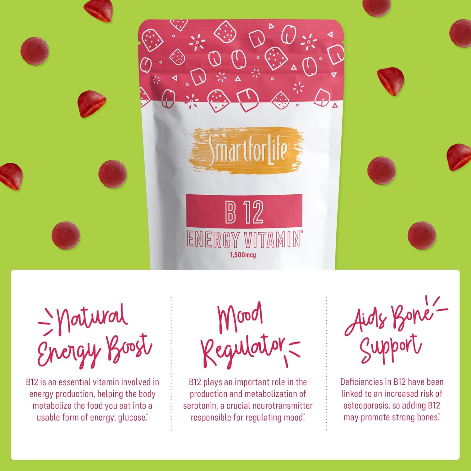B12 Gummy Vitamins - 1500 mcg Vitamin B12 Gummies for Adults and Kids - Helps with Energy, Metabolism, Bone Nervous System Support - Raspberry Flavor - 60 Count - 60 Day Supply