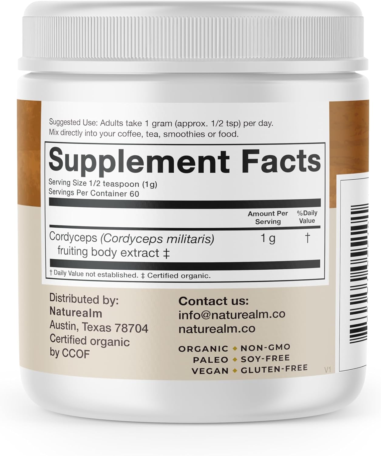 Naturealm Cordyceps Mushroom Powder - Organic Mushroom Extract for Focus, Energy & Mental Clarity - 100% Mushroom Fruiting Bodies - Cordyceps Militaris Supplement (60 Servings)