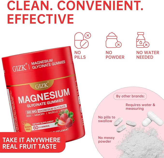 Magnesium Glycinate Gummies 500mg – Sugar Free Magnesium Gummies with L-Theanine - Sleep, Calm, Stress Relief for Adults & Kids 4+, Vegan, No Melatonin (Strawberry Flavor, 60 Count)