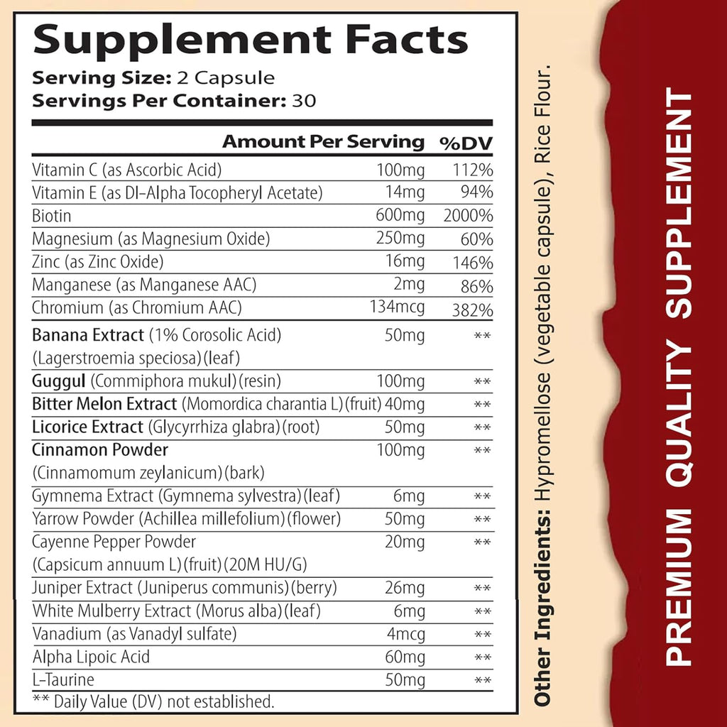 Blood Sugar Complex Supplement - with Cinnamon, Bitter Melon, Chromium, Mulberry, Alpha Lipoic Acid, 60 Capsules