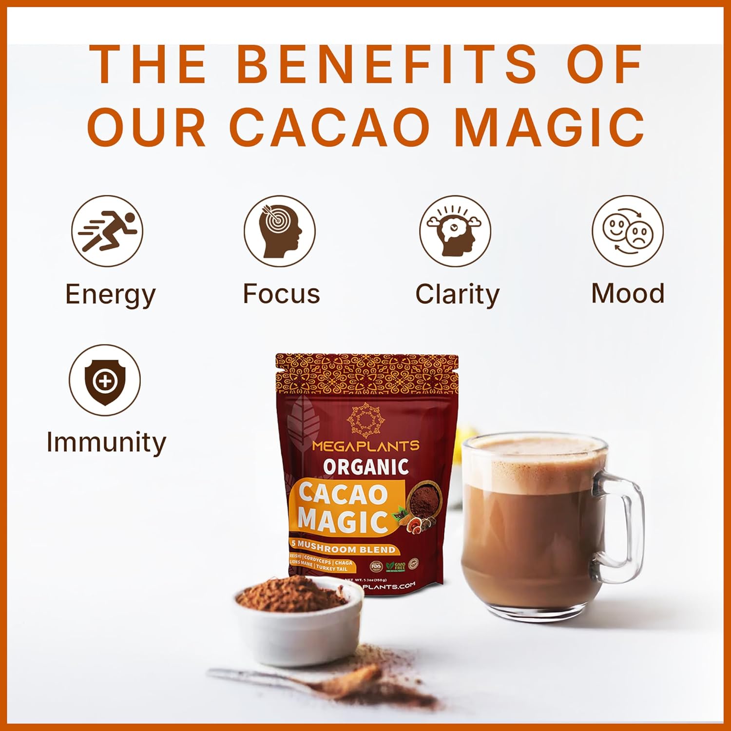 MegaPlants Cacao Magic (50 Servings) | Superfood 5 Mushroom Blend | Lions Mane, Reishi, Chaga, Cordyceps, Turkey Tail | Smoothie, Hot Chocolate, Coffee Alternative