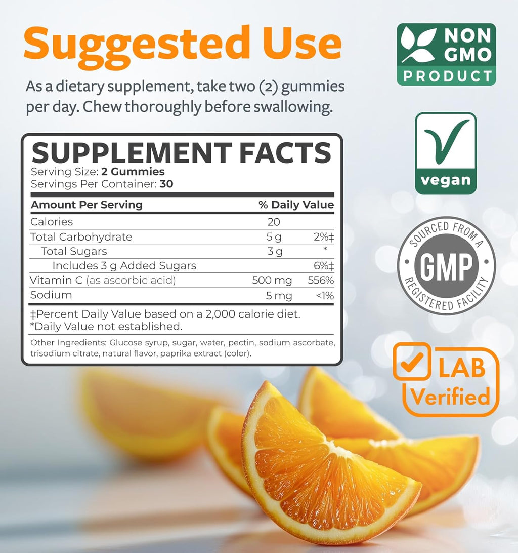 Vegan Vitamin C Gummies for Adults - Immune Support Gummies with Chewable Vitamin C 500mg per Serving for Daily and Seasonal Wellness - High Potency Non-GMO Formula - Orange Flavor (1 Month Supply)