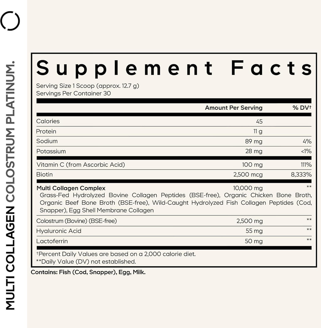 Codeage Multi Collagen Colostrum Powder Platinum - Hydrolyzed Grass-Fed Bovine Collagen Peptides, Grass-Fed Bovine Colostrum Supplement, Vitamin C, Biotin, Hyaluronic Acid, Lactoferrin - 13.4 Oz.