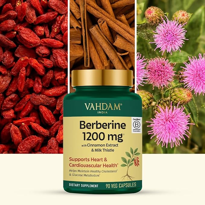 VAHDAM Berberine 97% HCL 1200mg Extract with Cinnamon and Milk Thistle | Supports Heart Health and Helps Maintain Healthy Cholesterol & Glucose Metabolism | 90 Veg Capsules