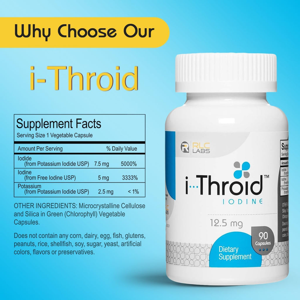 RLC Labs i-Throid 12.5 mg - Thyroid Supplements for Hypothyroidism, Iodide Supplements for Thyroid, Support Healthy Metabolism, Thyroid Support for Women and Men - 90 Vegetarian Capsules (Pack of 2)