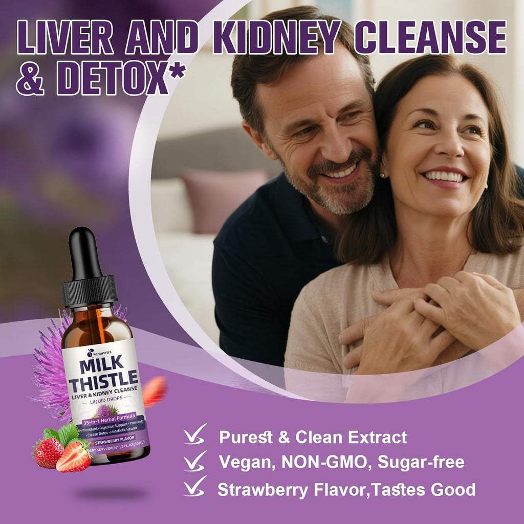Milk Thistle Extract Liquid Drops for Liver Cleanse Detox & Repair, 35-IN-1 Kidney Support Supplement with Artichoke & Dandelion for Urinary Tract, Bladder, Vegan, Non-GMO, Strawberry Flavor, 2 FL OZ