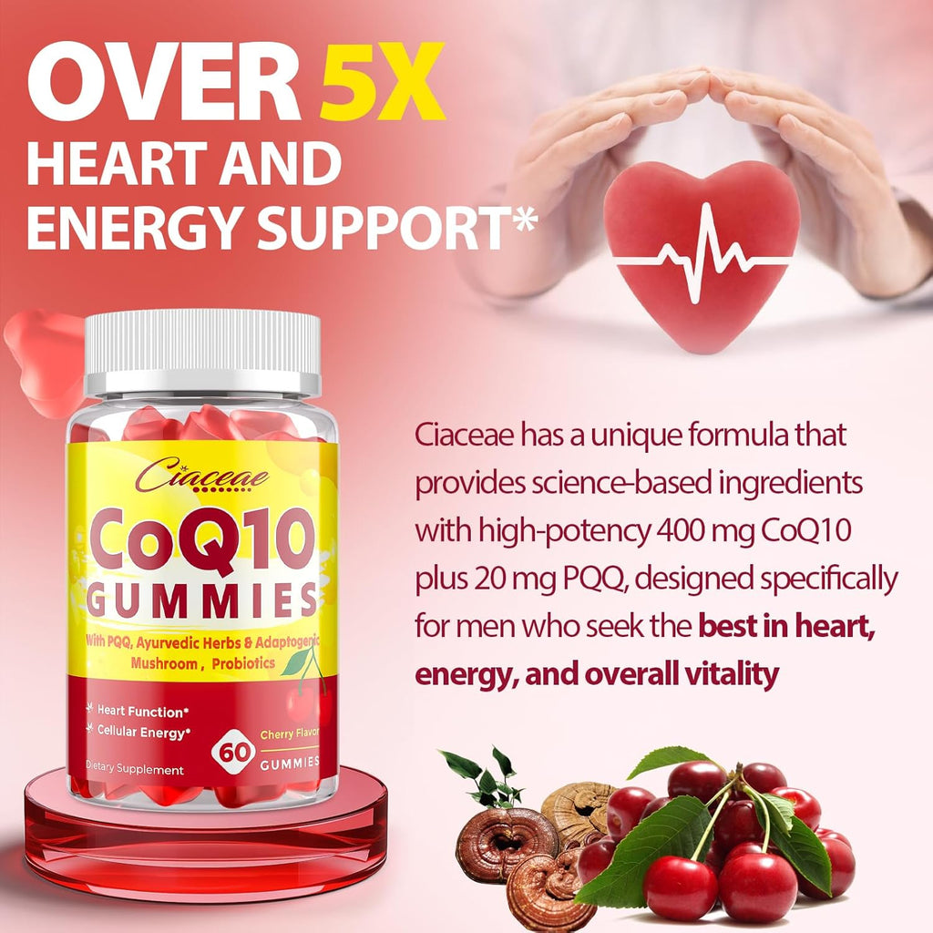 CoQ10 Gummies with PQQ - 400 MG Coenzyme Q10 High Potency, Enhanced with Ayurvedic Herbs, Adaptogenic Mushroom Blend & Probiotics for Heart, Brain, Energy, Immunity, Cherry Flavor, 60 Vegan Gummies