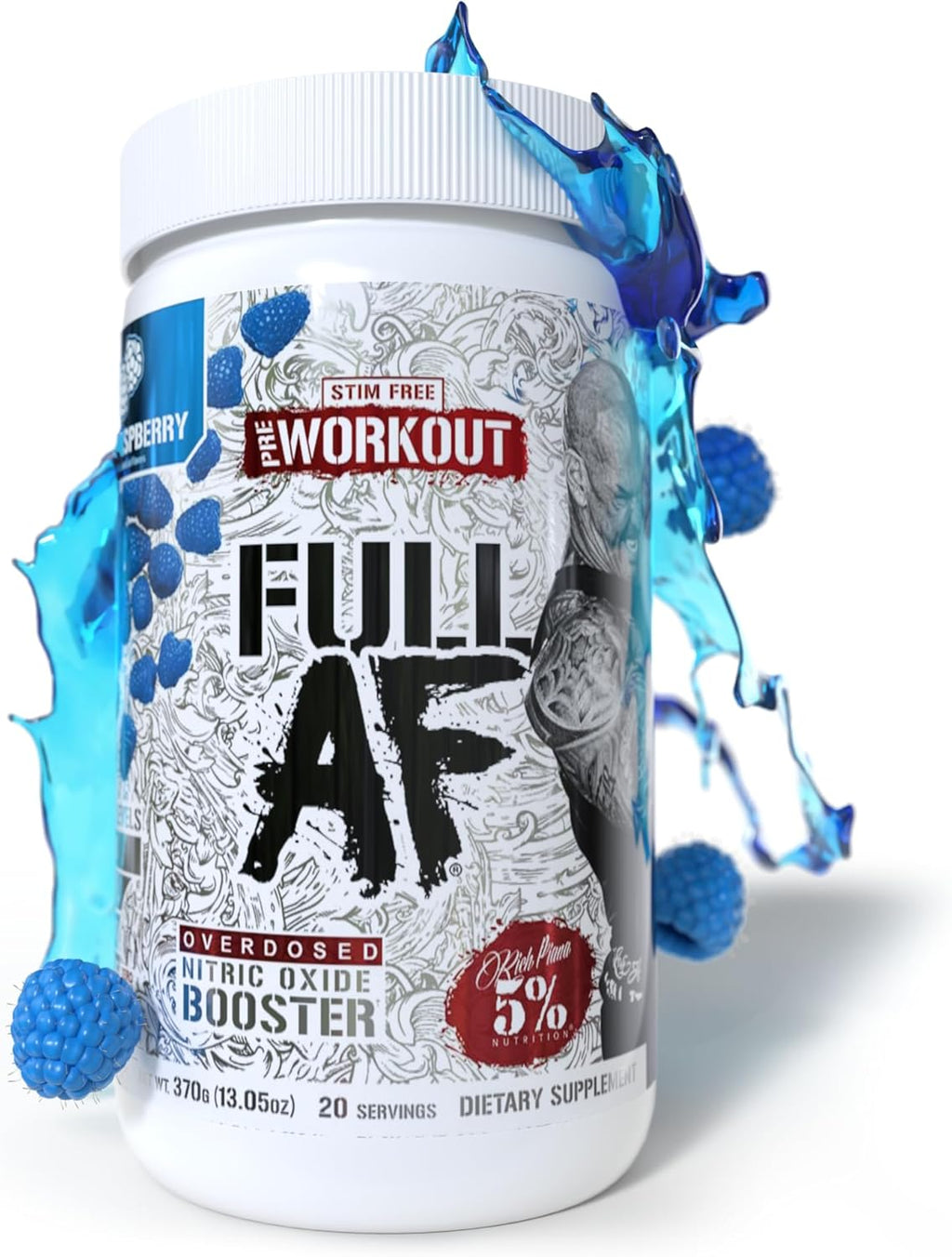5% Nutrition FullAF Pre-Workout | Stim-Free with Massive Pumps | L-Citrulline, L-Taurine, Nitrosigine, GlycerSize | 13.05 oz (Blue Raspberry)