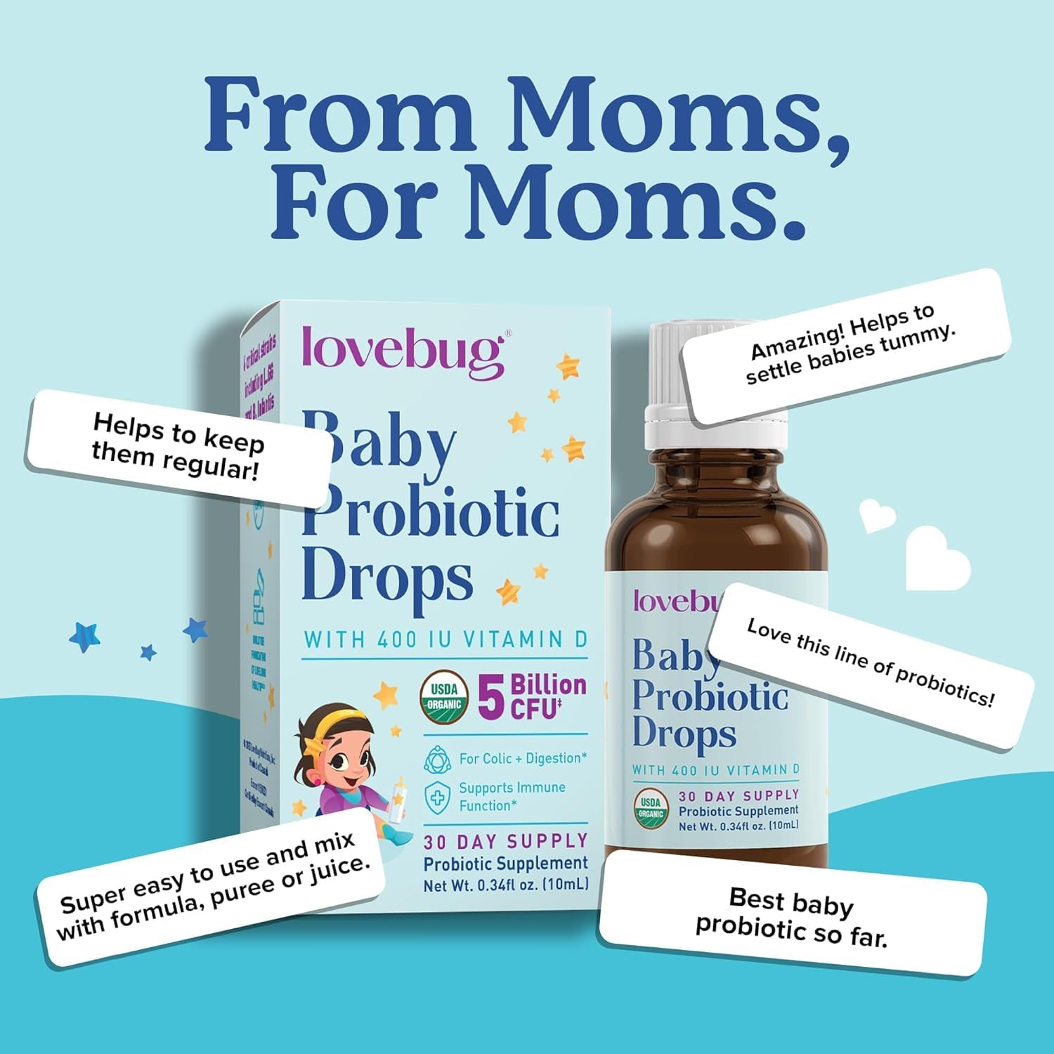 Lovebug Award Winning USDA Organic Probiotic for Infants & Babies | Helps with Colic, Reflux, Diarrhea, Constipation & Gas | Multi-Strain 5 Billion CFU | Liquid Drops | Ages 0-24 Months