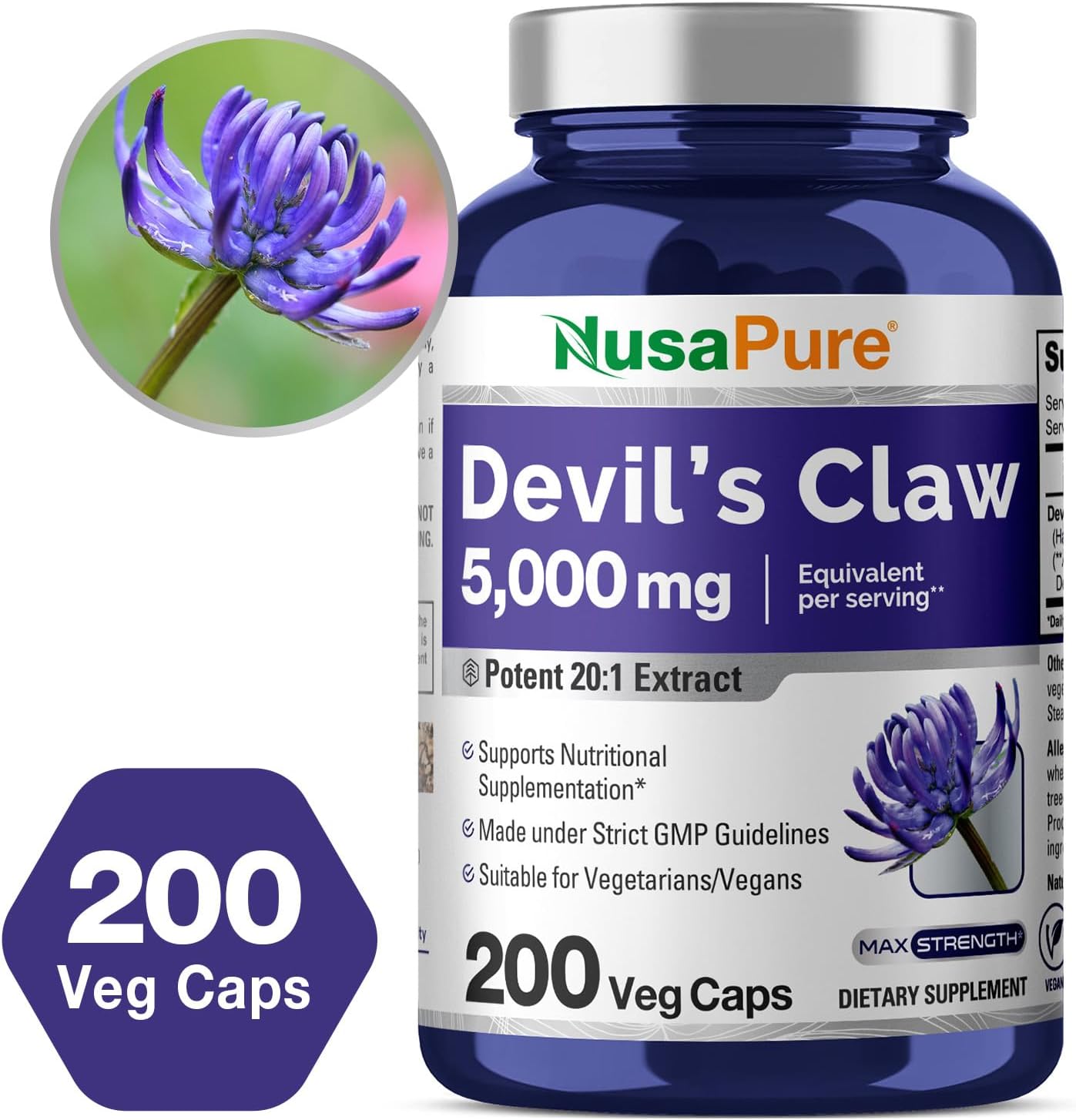 NusaPure Devil's Claw 20:1 Extract, 250 mg Equivalent to 5000mg, 200 Veggie Capsules, Concentrated Root Extract, Devils Claw Herbal Supplement, Non-GMO, Vegan Supplement
