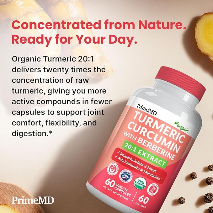 5-in-1 USDA Organic Turmeric Curcumin Supplement - 230mg with Berberine, Ceylon Cinnamon Bioperine and Ginger Supplements for Mobility, Digestion & Wellness Support, USDA Organic, 60 Servings, 1-Pack