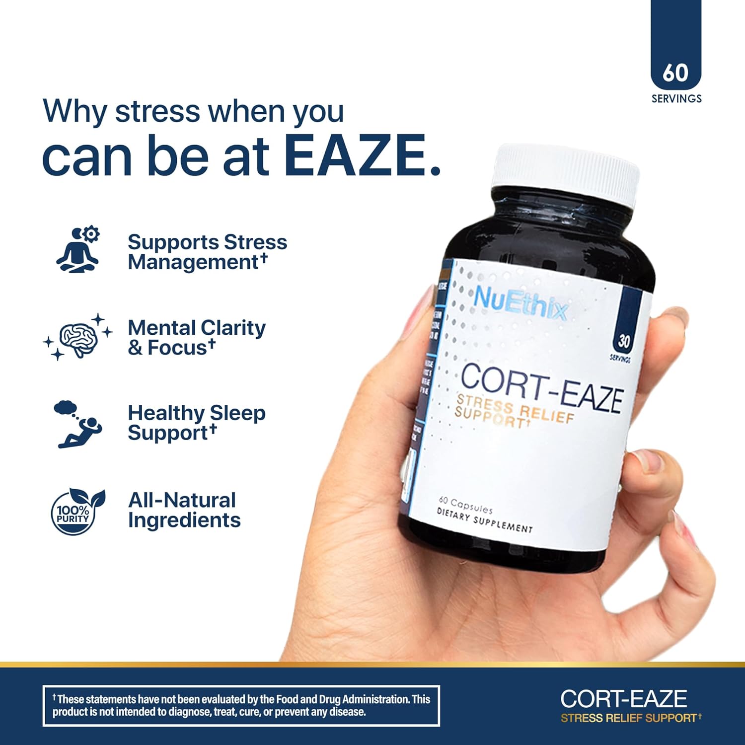 NuEthix Formulations Cort-Eaze - Cortisol Supplement - Health Support Supplement with Ashwagandha, L-Theanine & Rhodiola Rosea - Relaxation and Deep Sleep, 60 Capsules, 30 Servings
