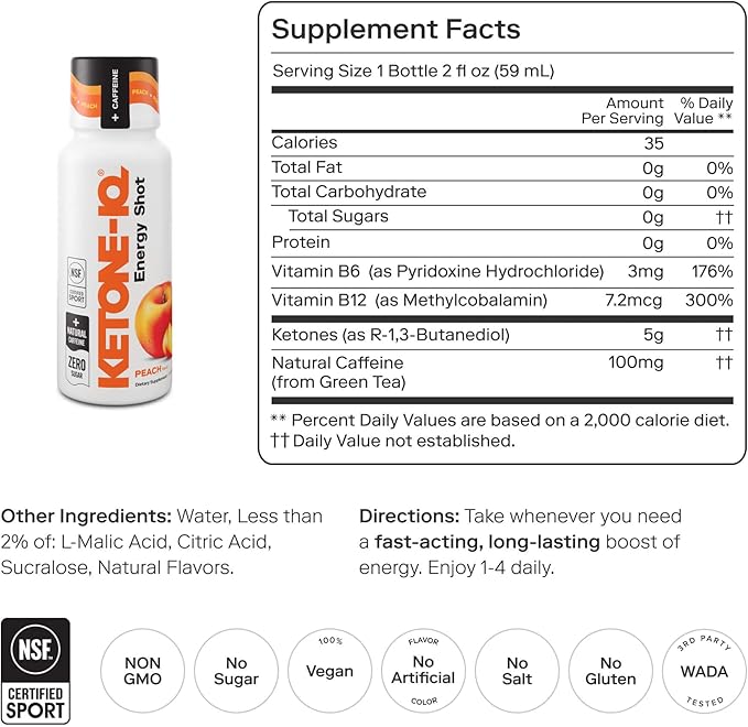 Ketone-IQ Ketone Energy Shots - 100mg Green Tea Caffeine, 5g Exogenous Ketones, and B Vitamins - 24 On The Go Caffeine Shots - Fast Acting Energy Drink (Peach)