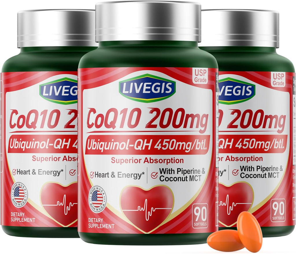 CoQ10 200mg Softgels, Ultra CoQ10 Ubiquinone 200mg with Coconut MCT Oil, 5X Superior Absorption, Coenzyme Q10 Ubiquinol and Supplements - 90 Counts * 3 Packs