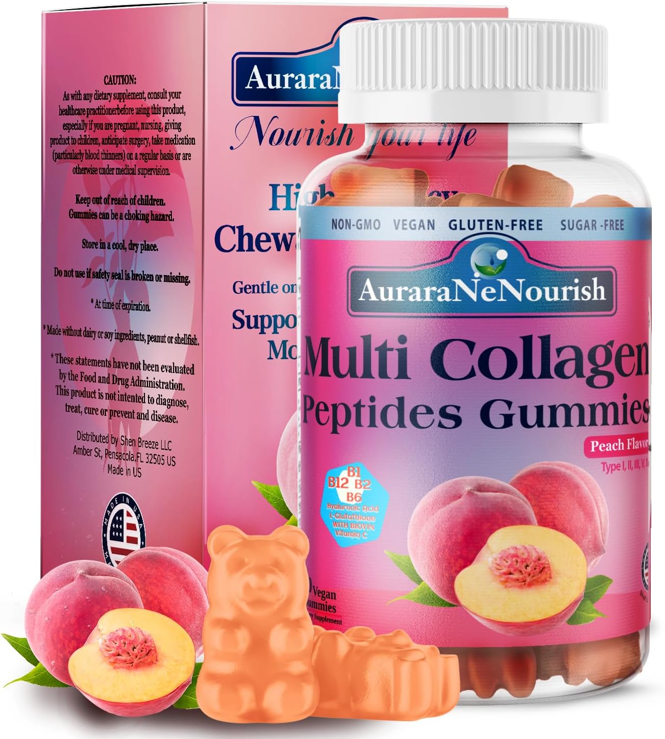 Multi Collagen Peptides Gummies, Sugar Free Hydrolyzed 5000mg Protein丨Type I,II,III,V,X with Biotin Hyaluronic Acid Vitamin C A D B6 B12 L-Glutathione for Skin Hair Nail Joint Bone -Peach Gummies