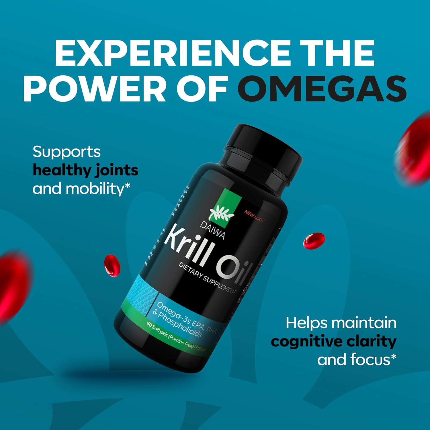 Daiwa Krill Oil 1000mg Softgels - EPA DHA Omega 3 Antarctic Krill Oil Supplement with Astaxanthin - Natural Solution for Joint, Brain Support and Heart Health - 60/ct