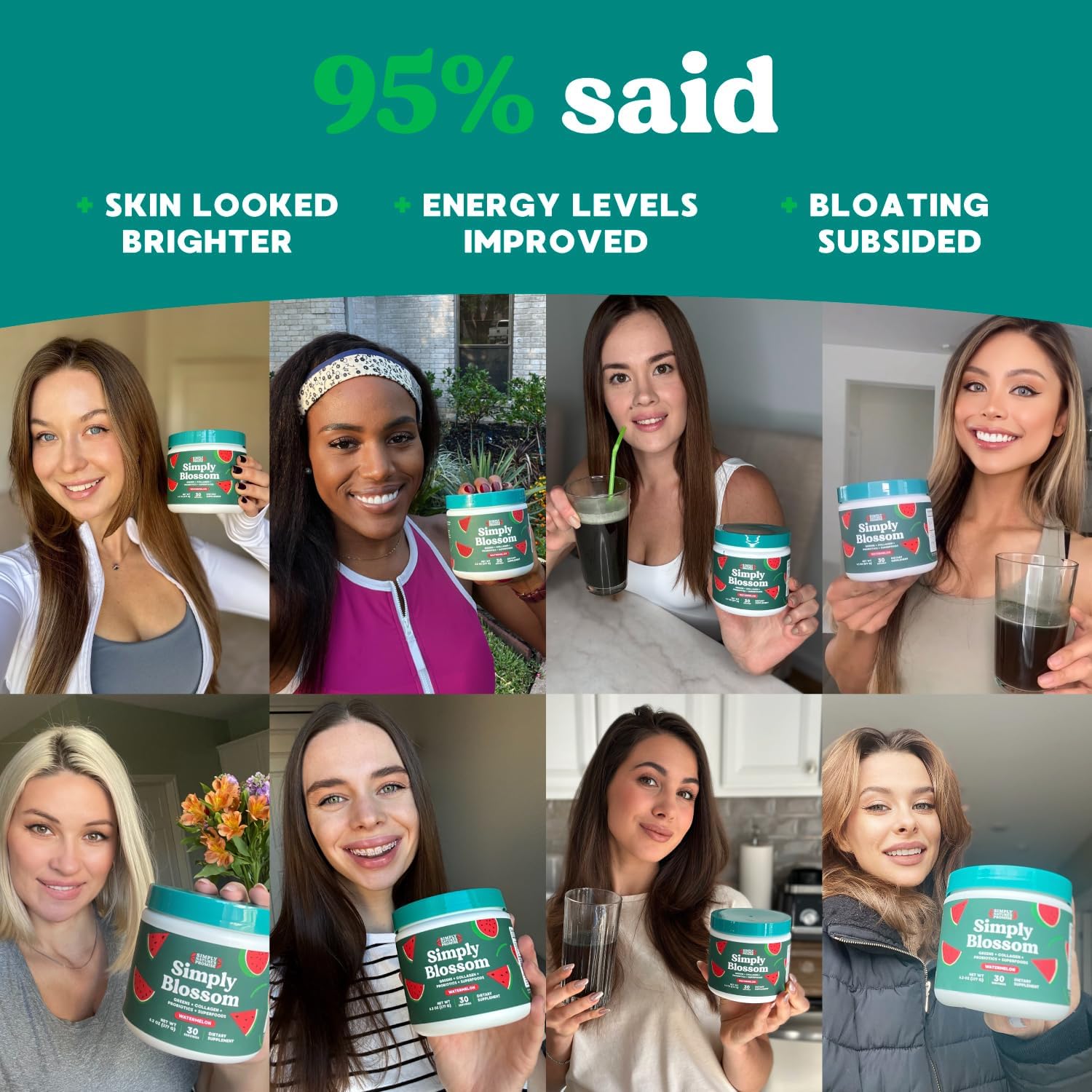 Simply Blossom Nutrition Daily Greens & Superfood Powder + Collagen + Probiotics for Women's Digestive Health & Bloating Relief. Help Your Health Bloom - 30 Day Supply - Watermelon