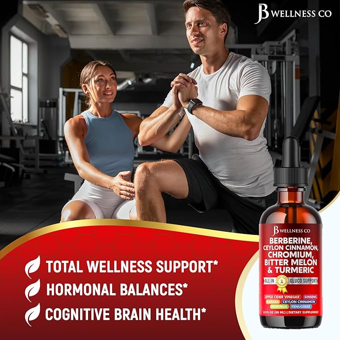 Berberine with Ceylon Cinnamon Supplement Liquid Drops + Bitter Melon Extract, Glucomannan, Gymnema, Chromium, Turmeric, Panax Ginseng, Moringa- 2 OZ
