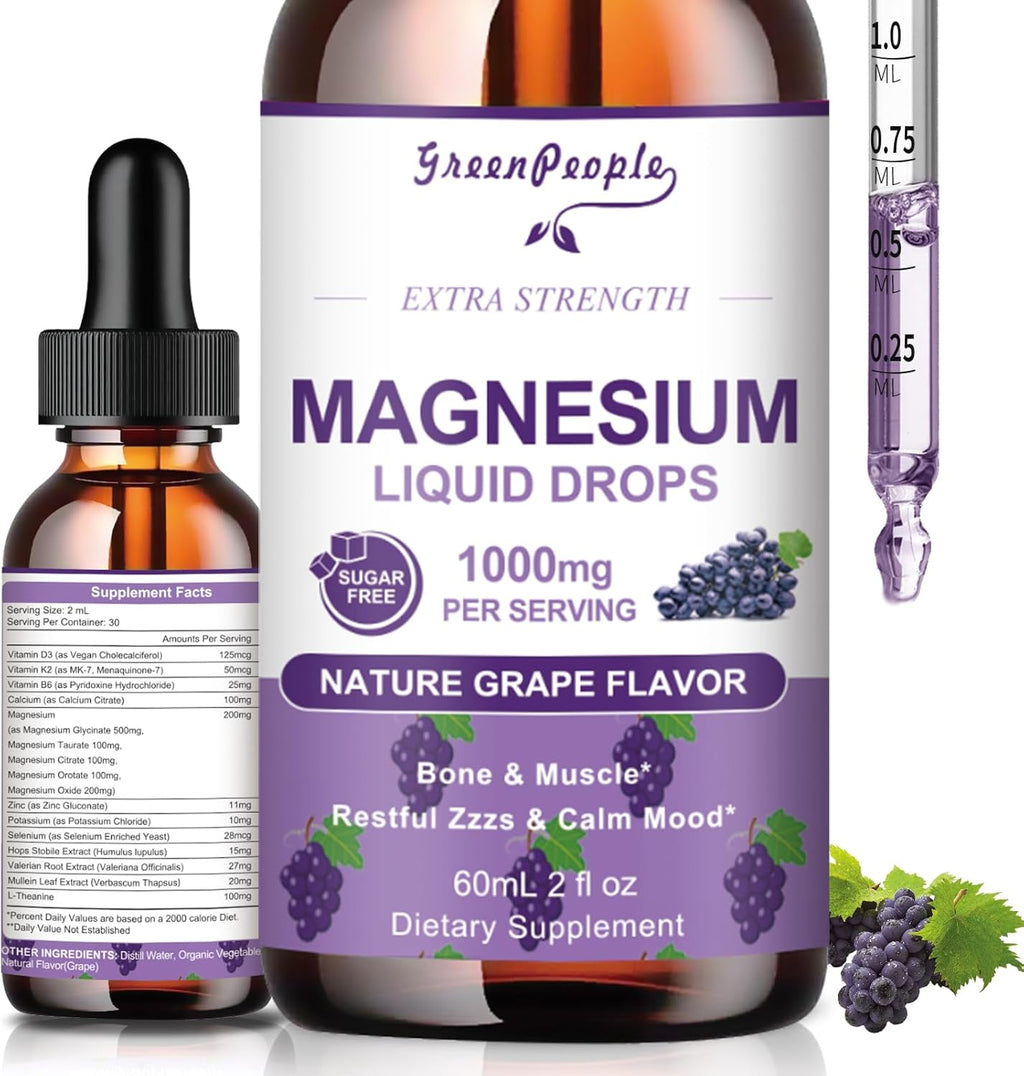 GREENPEOPLE Magnesium Glycinate Liquid Drops - 1000mg 5-in-1 High Absorption Liquid Magnesium for Sleep with D3/K2/B6 | Fast-Acting, Bone, Muscle & Sleep | Sugar-Free Grape Flavor, 2fl Oz