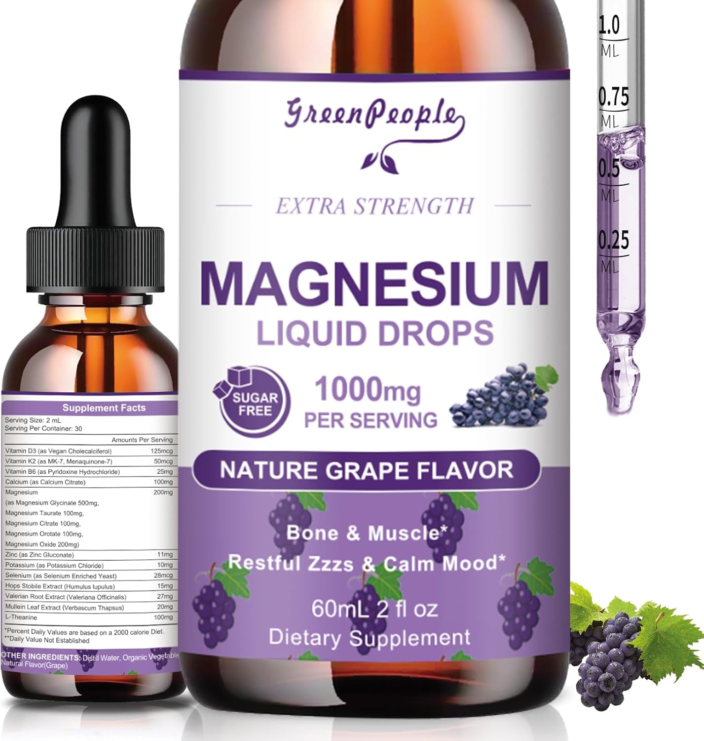GREENPEOPLE Magnesium Glycinate Liquid Drops - 1000mg 5-in-1 High Absorption Liquid Magnesium for Sleep with D3/K2/B6 | Fast-Acting, Bone, Muscle & Sleep | Sugar-Free Grape Flavor, 2fl Oz