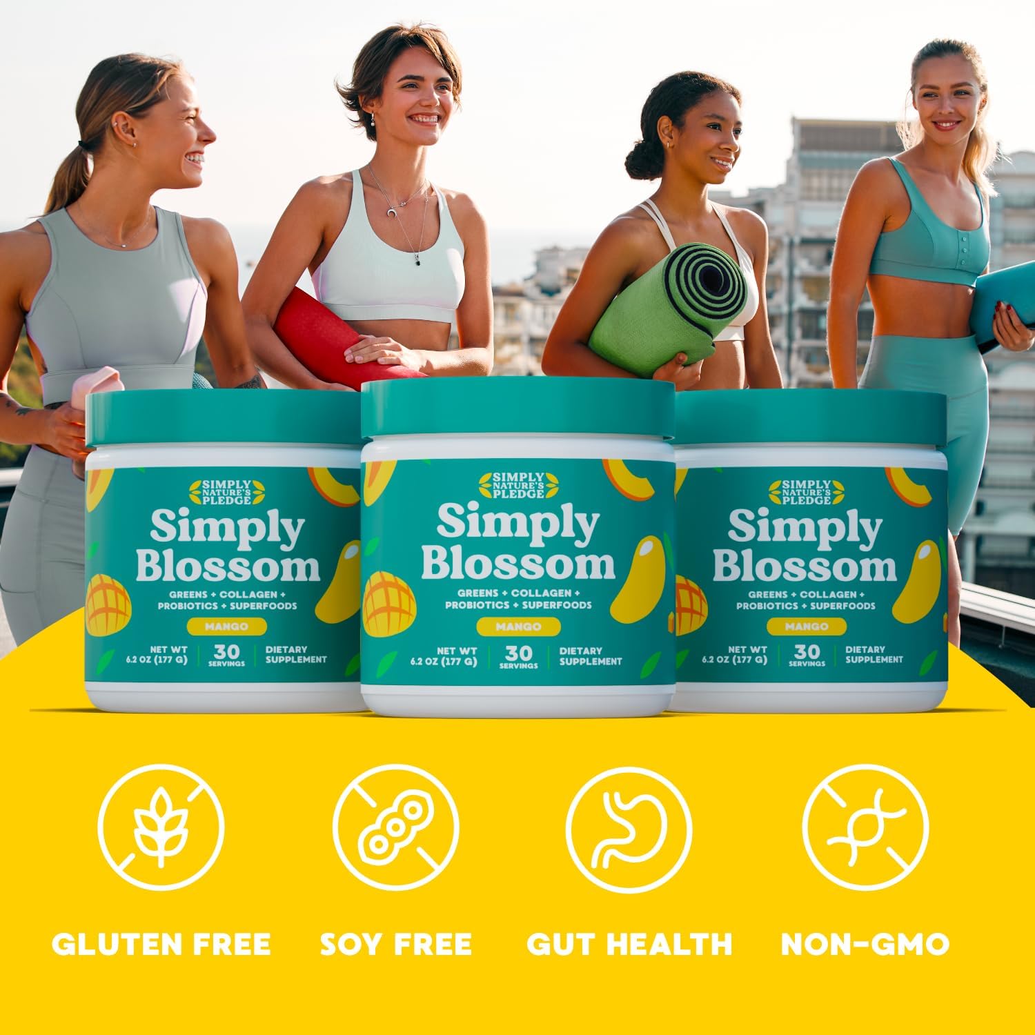 Simply Blossom Nutrition Daily Greens & Superfood Powder + Collagen + Probiotics for Women's Digestive Health & Bloating Relief. Help Your Health Bloom - 3 Month Supply - Mango