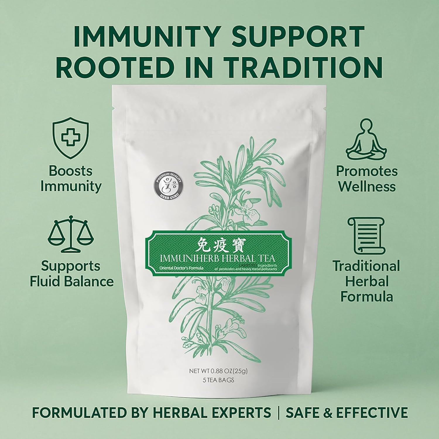 Herb Guru Immuniherb Herbal Tea Bags – Herbal Teas Blend For Respiratory Comfort With Ginger, Licorice Root, Mint, & Chrysanthemum, 0.88 Ounces