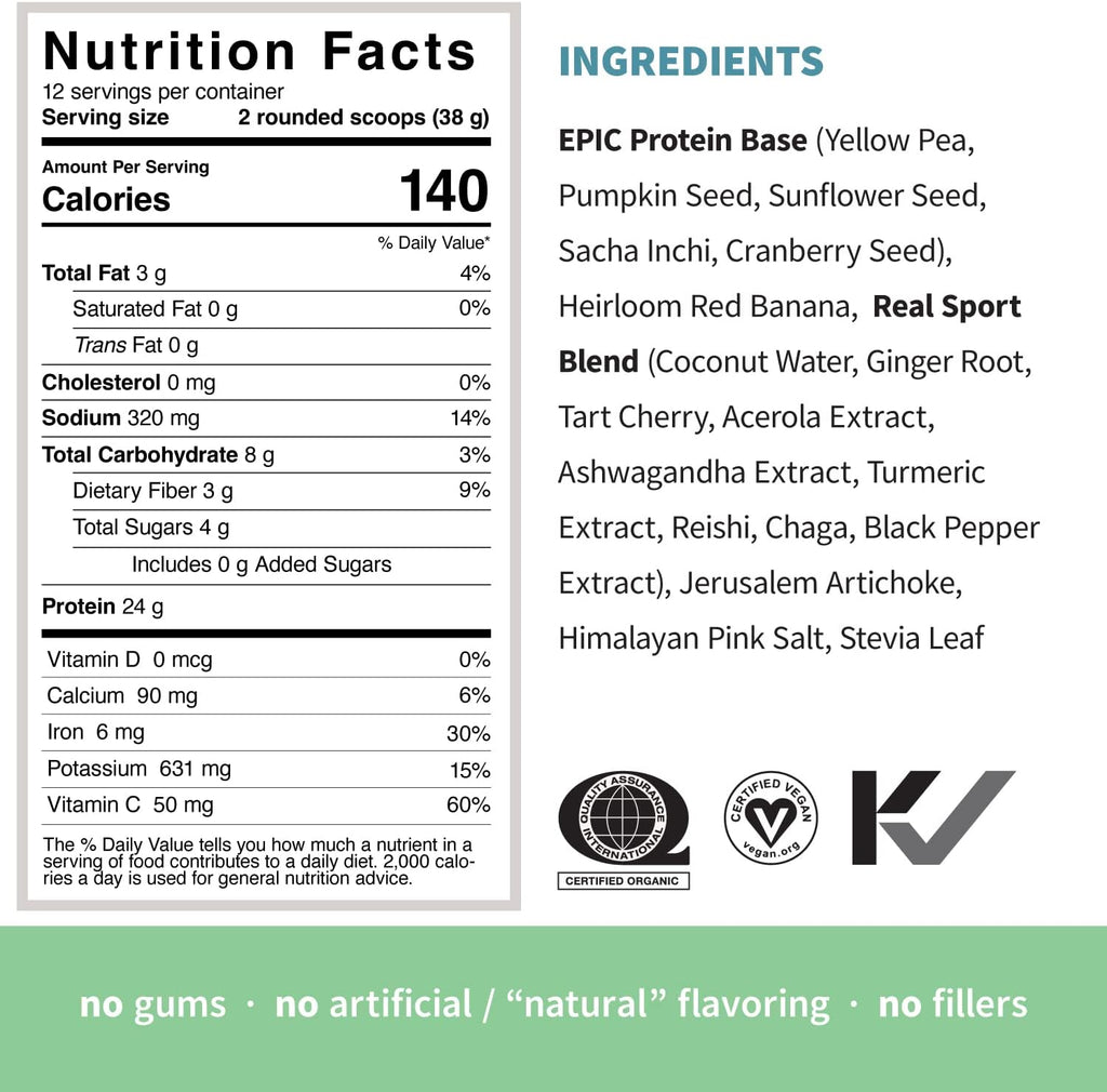 Sprout Living, Epic Protein, Plant Based Protein & Superfoods Powder, Real Sport | 24 Grams Organic Protein Powder, Recovery, Vegan, Non Dairy, Non-GMO, Gluten Free, Low Sugar (1 Pound, 12 Servings)