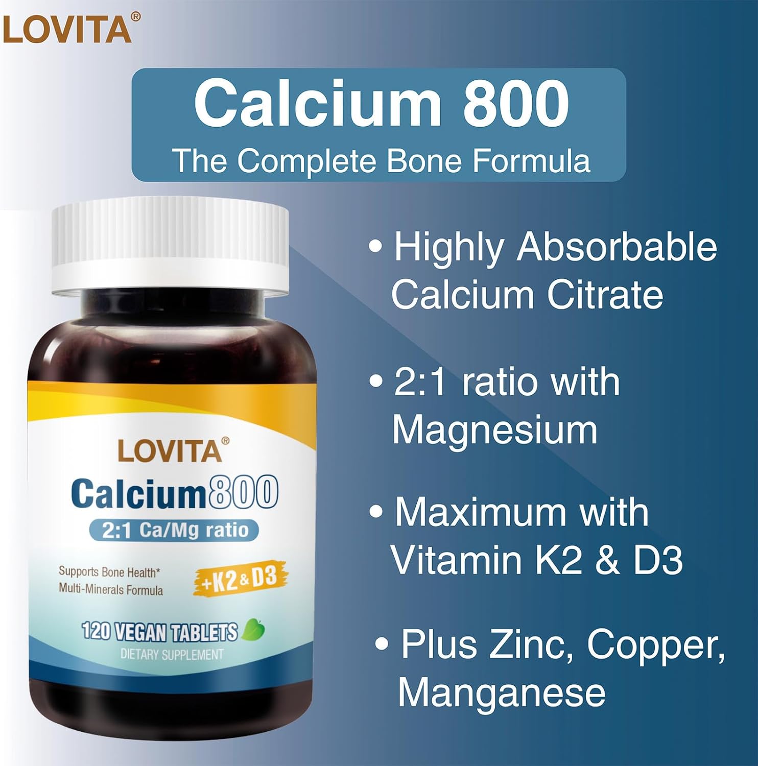Lovita Calcium 800 mg, Highly Absorbable Bone Support with Magnesium, Vitamin D3 & K2 | Plus Zinc, Copper & Manganese, 120 Vegan Tablets