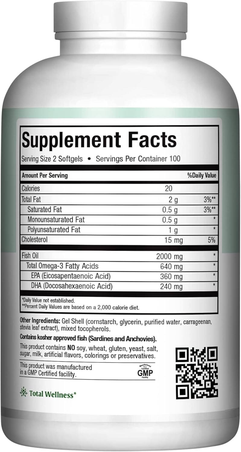 Omega 3 Supplement - Omega-3 Fish Oil 2000mg - Natural Source of EPA & DHA - Heart, Brain & Joint Health - Kosher Certified Wild Caught Marine Fish - 200 Vegetarian Softgels by Maxi Health