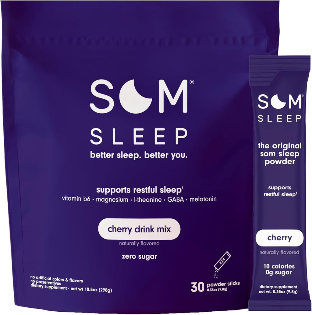 Som Sleep, Calm Sleep Aid Powder Drink Mix, 3mg Melatonin, Magnesium, Vitamin B6, L-Theanine & GABA – Vegan, Zero Sugar, Keto Friendly – Cherry, 30-Pack