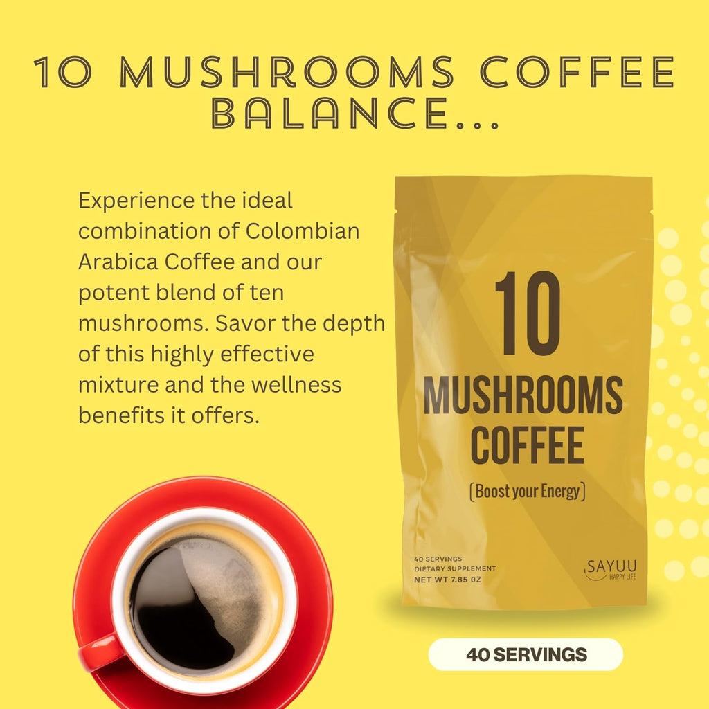 SAYUU 10 Mushroom Coffee Blend - Premium Colombian Coffee with Lion's Mane, Reishi, Cordyceps, Chaga, Maitake, Shiitake & Turkey Tail - Energy, Focus & Immune Support - Organic 40 Servings