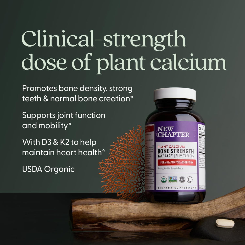 New Chapter Calcium Supplement - Bone Strength Organic Calcium with Magnesium, Vitamin D3+K2, 70+ Trace Minerals for Bone Health, Gluten Free, Easy to Swallow Slim Tablets - 180 Count