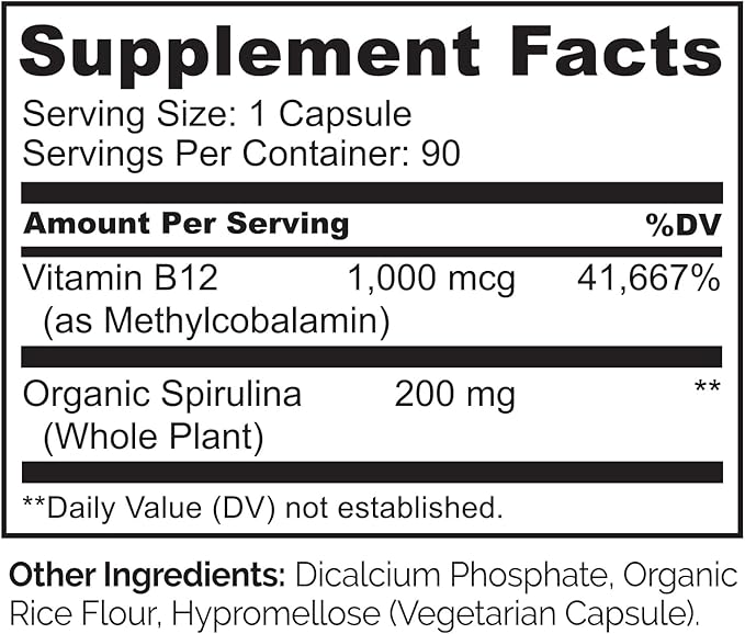 NATURELO Vegan B12 - Methyl B12 with Organic Spirulina - High Potency Vitamin B12 1000 mcg Methylcobalamin - Supports Healthy Mood, Energy, Heart & Eye Health - 90 Capsules