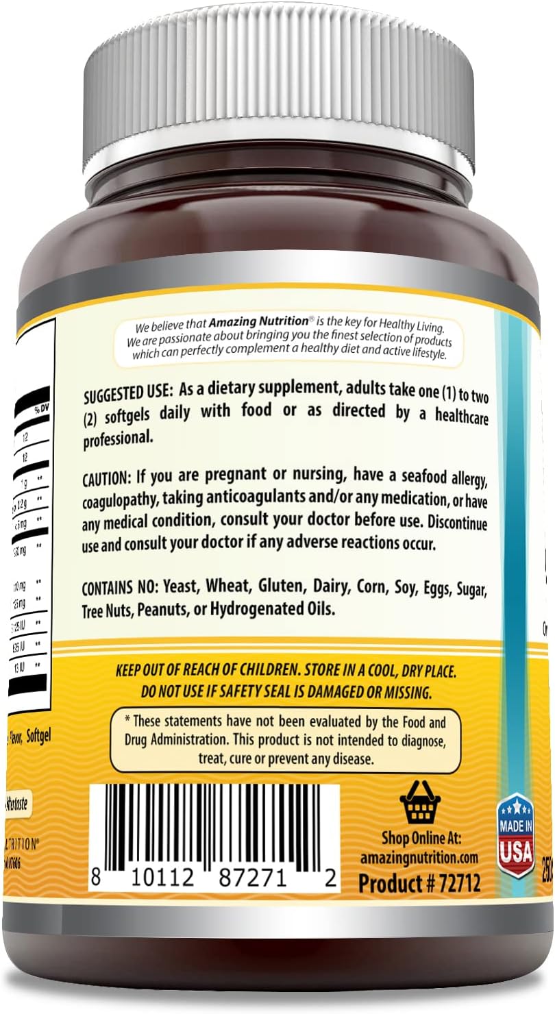 Amazing Omega Norwegian Cod Liver Oil 1250 Mg Softgels Supplement | Omega-3, EPA, DHA, Vitamin A, Vitamin D & Vitamin E (Orange | 250 Count)